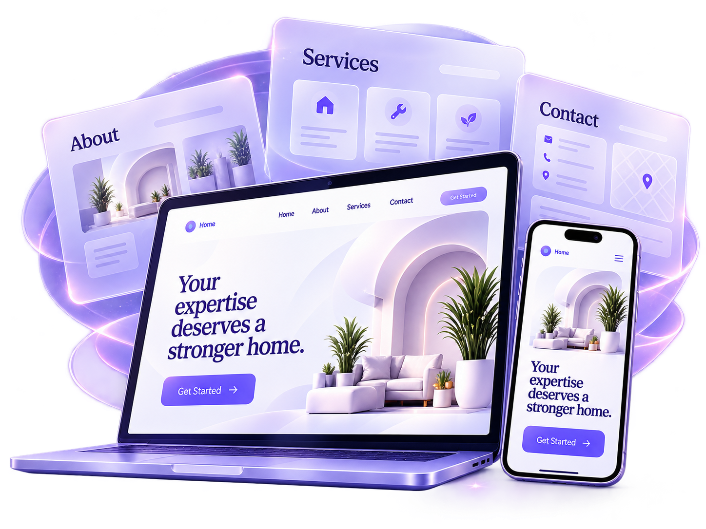 A desktop website, a phone, and smaller page previews of a complete responsive site.