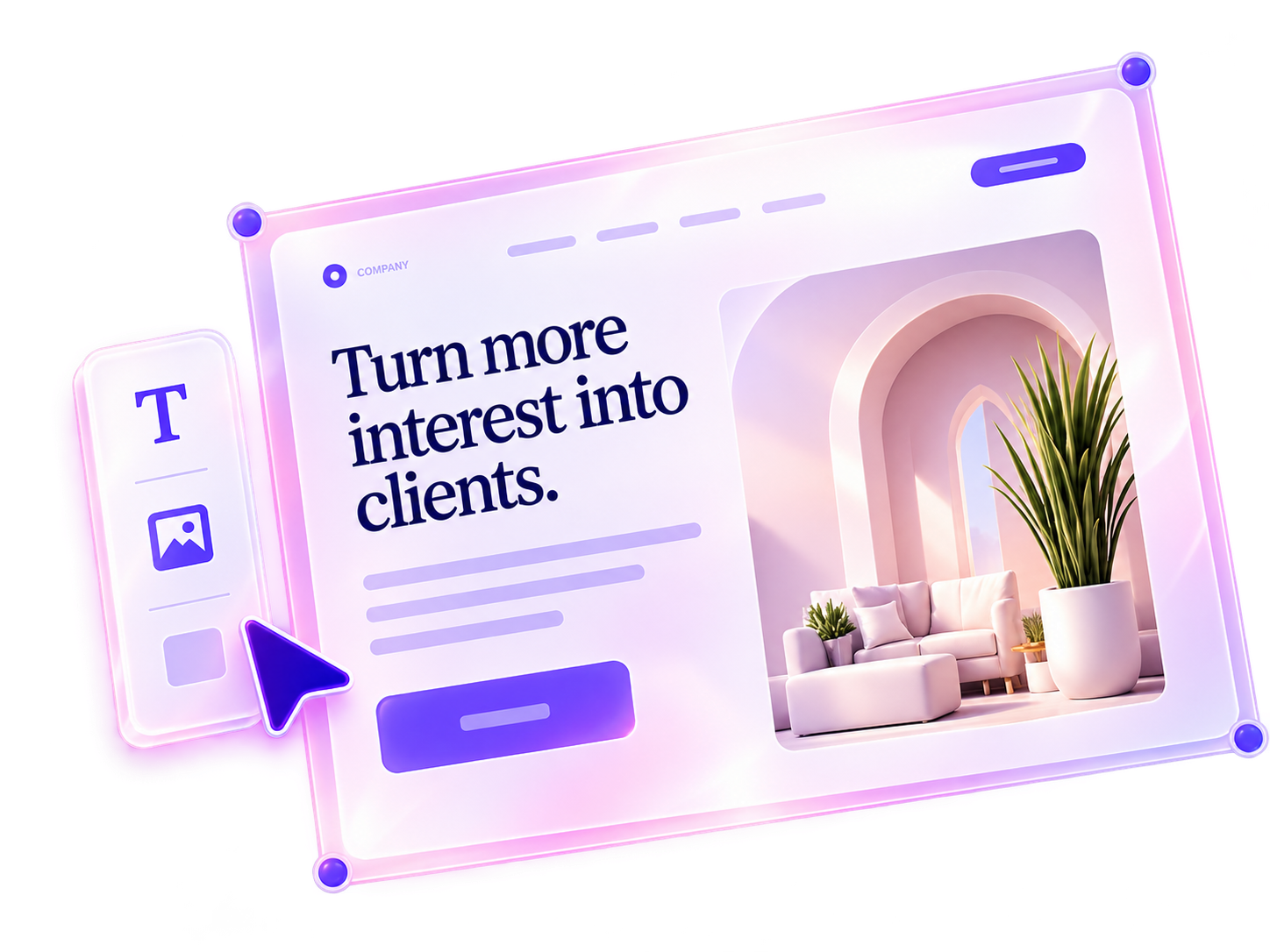 A landing page being arranged on a design canvas, with a headline, image, and button.